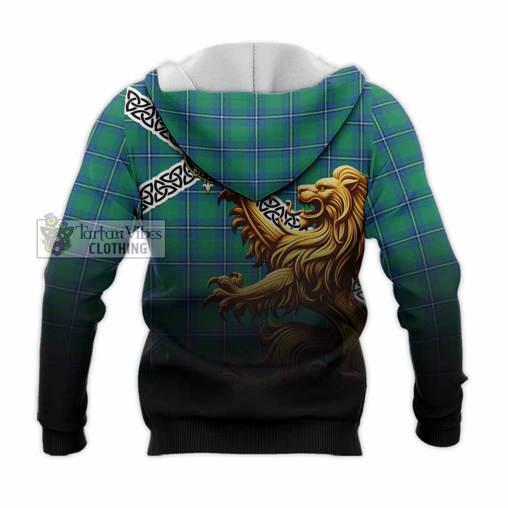 Tartan Vibes Clothing Irvine Crest Tartan Knitted Hoodie with Golden Lion Emblem Celtic Style