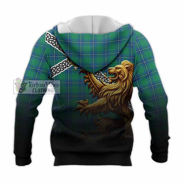 Irvine Crest Tartan Knitted Hoodie with Golden Lion Emblem Celtic Style