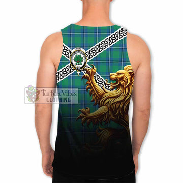 Tartan Vibes Clothing Irvine Crest Tartan Men's Tank Top with Golden Lion Emblem Celtic Style