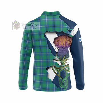 Tartan Vibes Clothing Irvine Tartan Family Crest Long Sleeve Polo Shirt Scottish Thistle Celtic Inspired