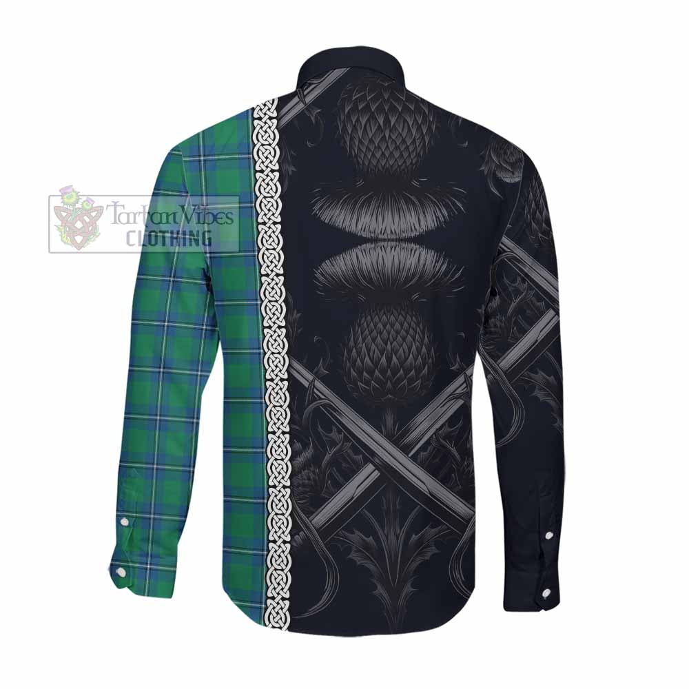 Tartan Vibes Clothing Irvine Tartan Long Sleeve Button Shirt with Family Crest Cross Sword Thistle Celtic Vibes