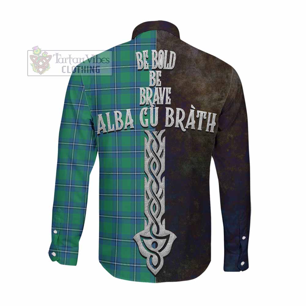 Tartan Vibes Clothing Irvine Tartan Family Crest Long Sleeve Button Shirt Alba Gu Brath Be Brave Lion Ancient Style