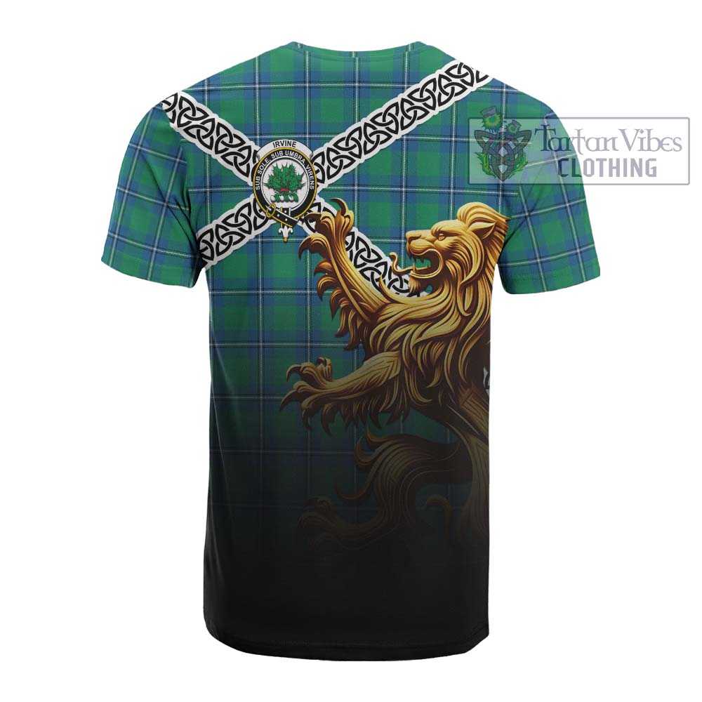 Tartan Vibes Clothing Irvine Crest Tartan Cotton T-shirt with Golden Lion Emblem Celtic Style