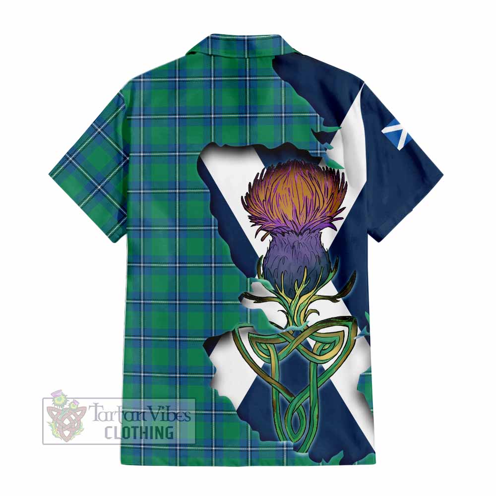 Tartan Vibes Clothing Irvine Tartan Family Crest Short Sleeve Button Shirt Scottish Thistle Celtic Inspired