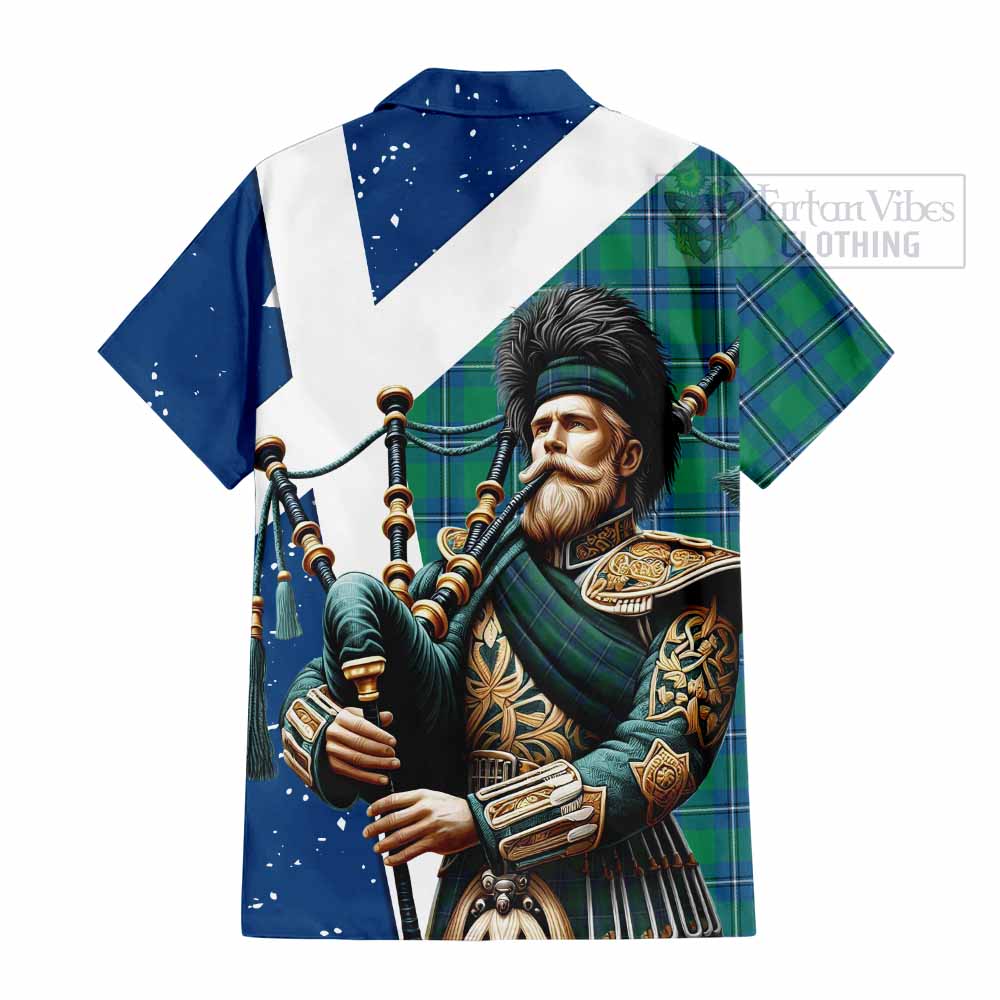 Tartan Vibes Clothing Irvine Tartan Short Sleeve Button Shirt with Family Crest Scottish Bagpiper Vibes
