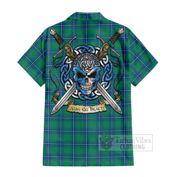 Tartan Vibes Clothing Irvine Tartan Short Sleeve Button Shirt with Family Crest Celtic Skull Style