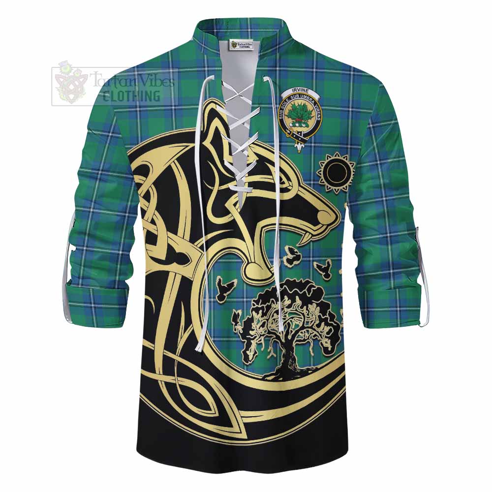 Tartan Vibes Clothing Irvine Tartan Ghillie Kilt Shirt with Family Crest Celtic Wolf Style