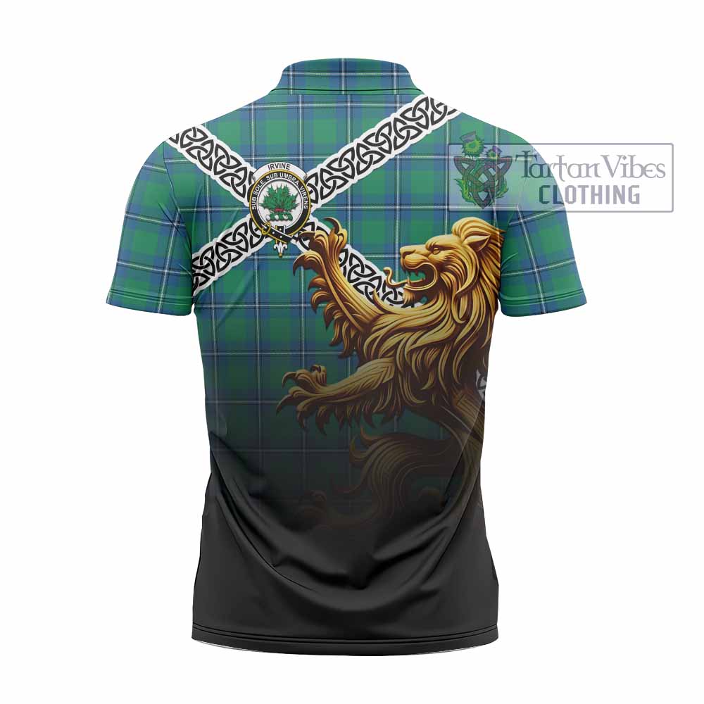 Tartan Vibes Clothing Irvine Crest Tartan Zipper Polo Shirt with Golden Lion Emblem Celtic Style