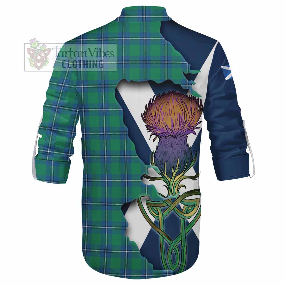 Tartan Vibes Clothing Irvine Tartan Family Crest Ghillie Kilt Shirt Scottish Thistle Celtic Inspired