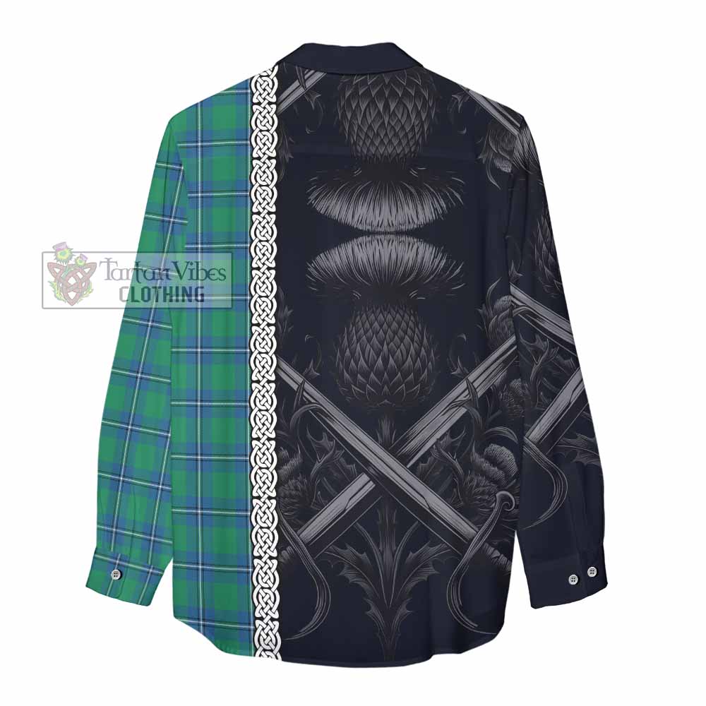 Tartan Vibes Clothing Irvine Tartan Women's Casual Shirt with Family Crest Cross Sword Thistle Celtic Vibes