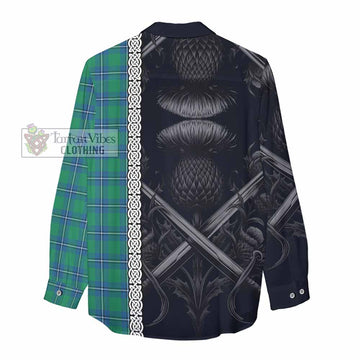 Tartan Vibes Clothing Irvine Tartan Women's Casual Shirt with Family Crest Cross Sword Thistle Celtic Vibes