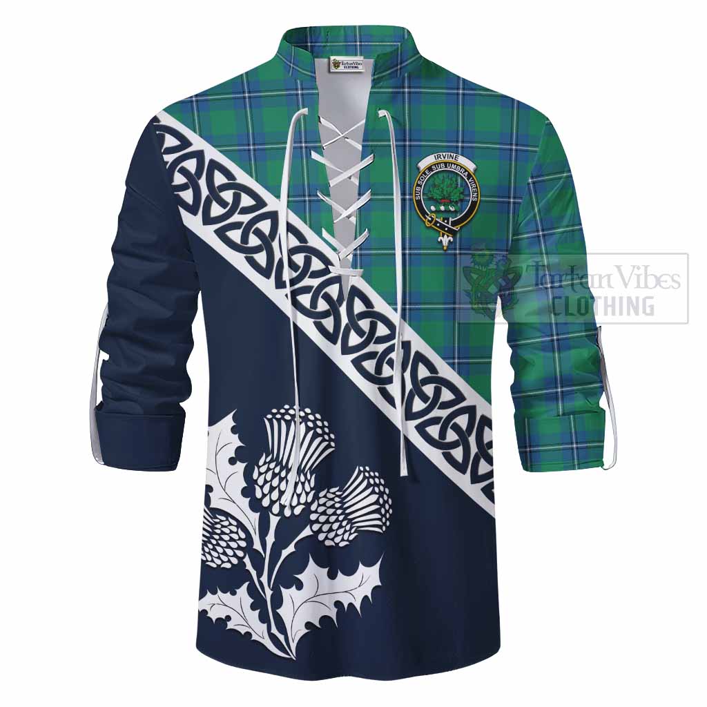 Tartan Vibes Clothing Irvine Tartan Ghillie Kilt Shirt Featuring Thistle and Scotland Map