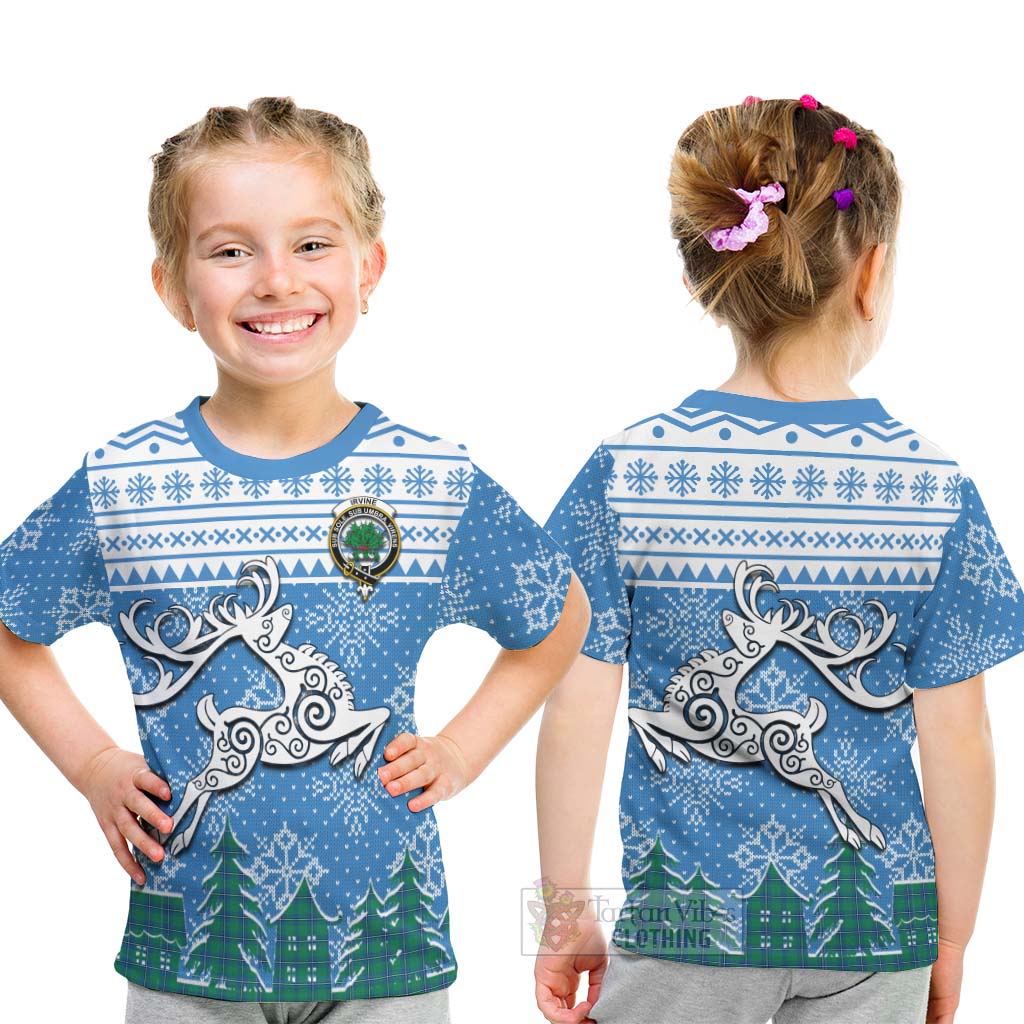 Tartan Vibes Clothing Irvine Clan Christmas Kid T-Shirt Celtic Reindeer Style