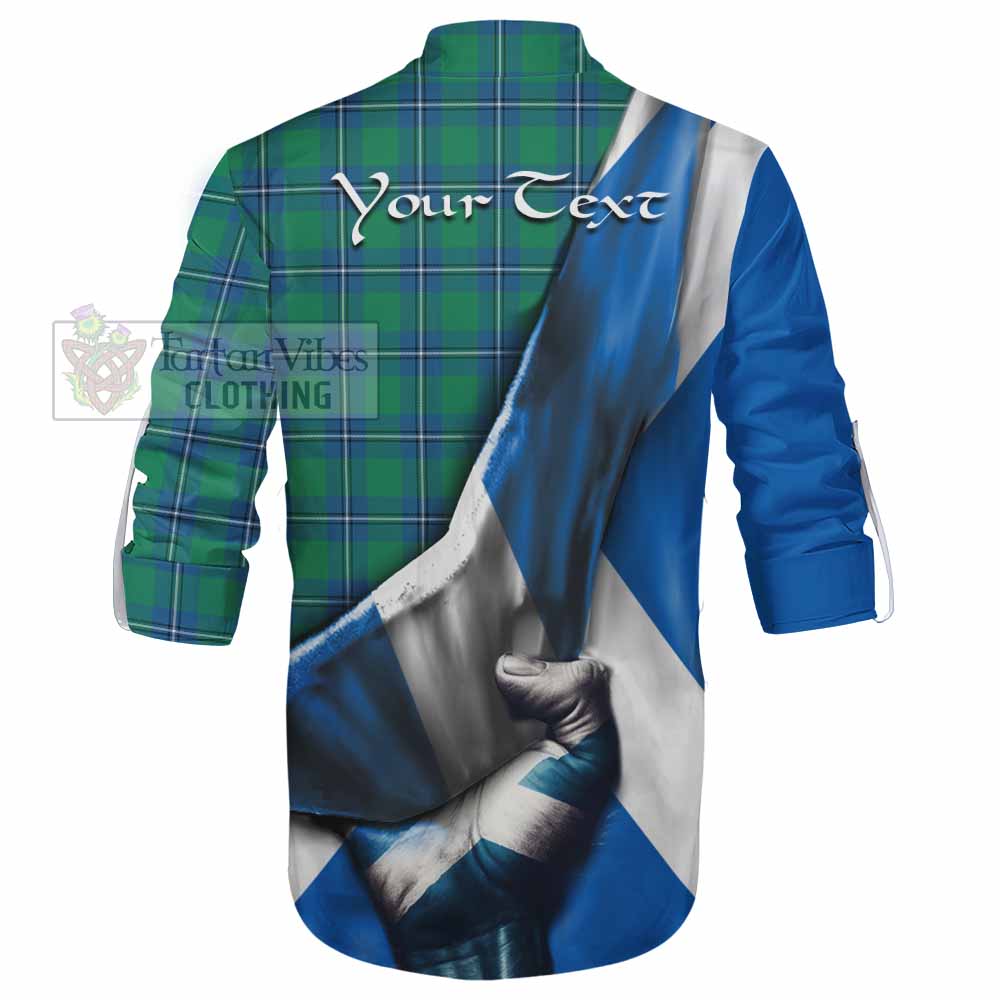 Tartan Vibes Clothing Irvine Tartan Ghillie Kilt Shirt with Family Crest Scotland Patriotic Style