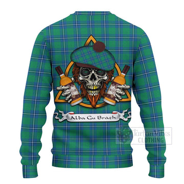 Tartan Vibes Clothing Irvine Tartan Knitted Sweater with Family Crest and Bearded Skull Holding Bottles of Whiskey