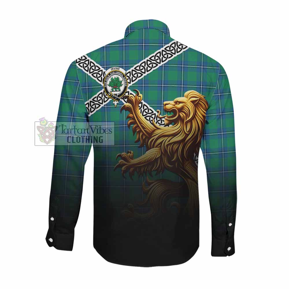 Tartan Vibes Clothing Irvine Crest Tartan Long Sleeve Button Shirt with Golden Lion Emblem Celtic Style