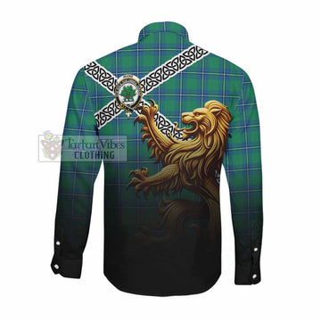Irvine Crest Tartan Long Sleeve Button Shirt with Golden Lion Emblem Celtic Style