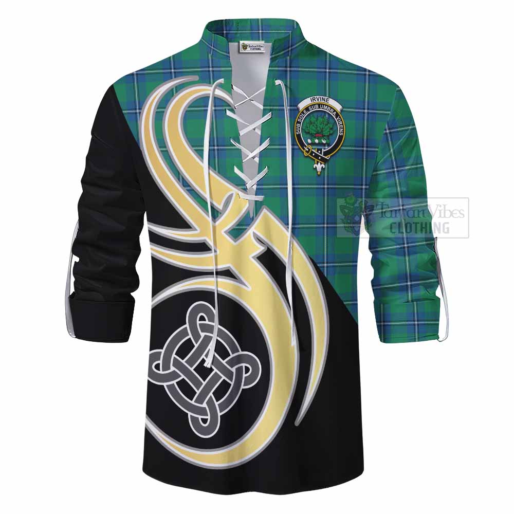 Tartan Vibes Clothing Irvine Tartan Ghillie Kilt Shirt with Family Crest and Celtic Symbol Style