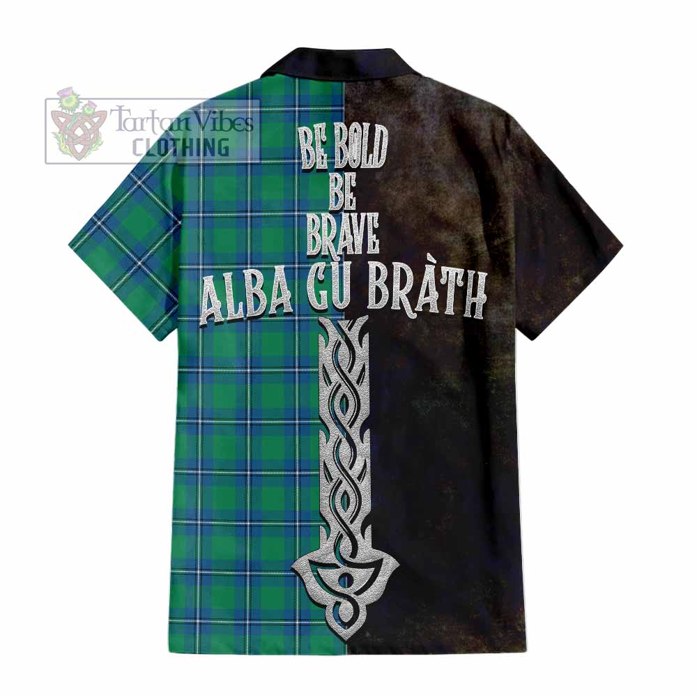 Tartan Vibes Clothing Irvine Tartan Family Crest Short Sleeve Button Shirt Alba Gu Brath Be Brave Lion Ancient Style