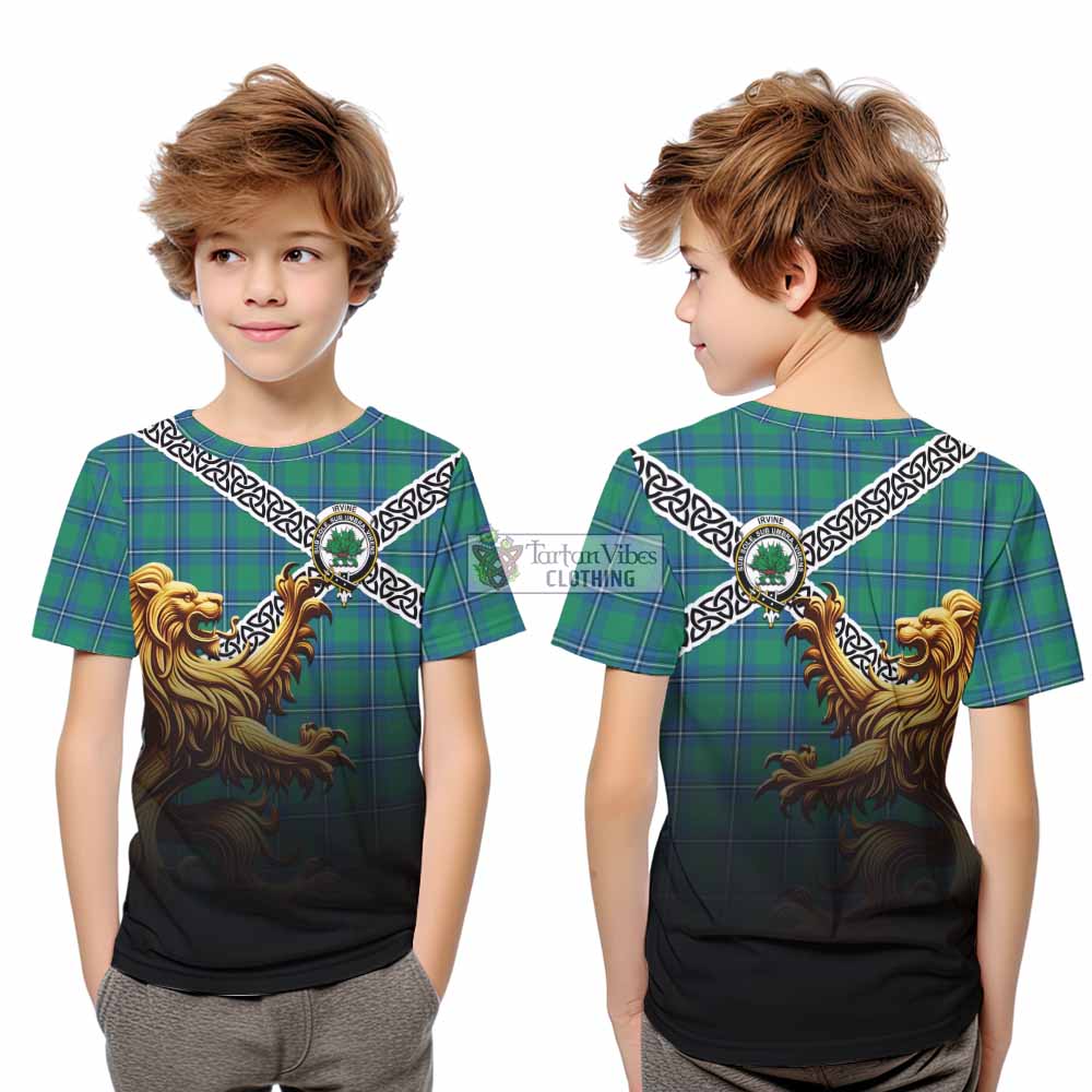 Tartan Vibes Clothing Irvine Crest Tartan Kid T-Shirt with Golden Lion Emblem Celtic Style