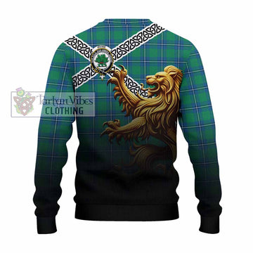 Irvine Crest Tartan Knitted Sweater with Golden Lion Emblem Celtic Style