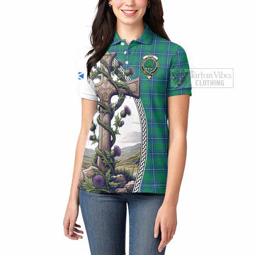 Tartan Vibes Clothing Irvine Tartan Women's Polo Shirt with Family Crest and St. Andrew's Cross Accented by Thistle Vines