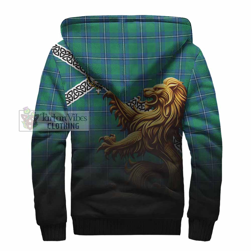 Tartan Vibes Clothing Irvine Crest Tartan Sherpa Hoodie with Golden Lion Emblem Celtic Style