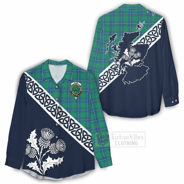 Tartan Vibes Clothing Irvine Tartan Women's Casual Shirt Featuring Thistle and Scotland Map