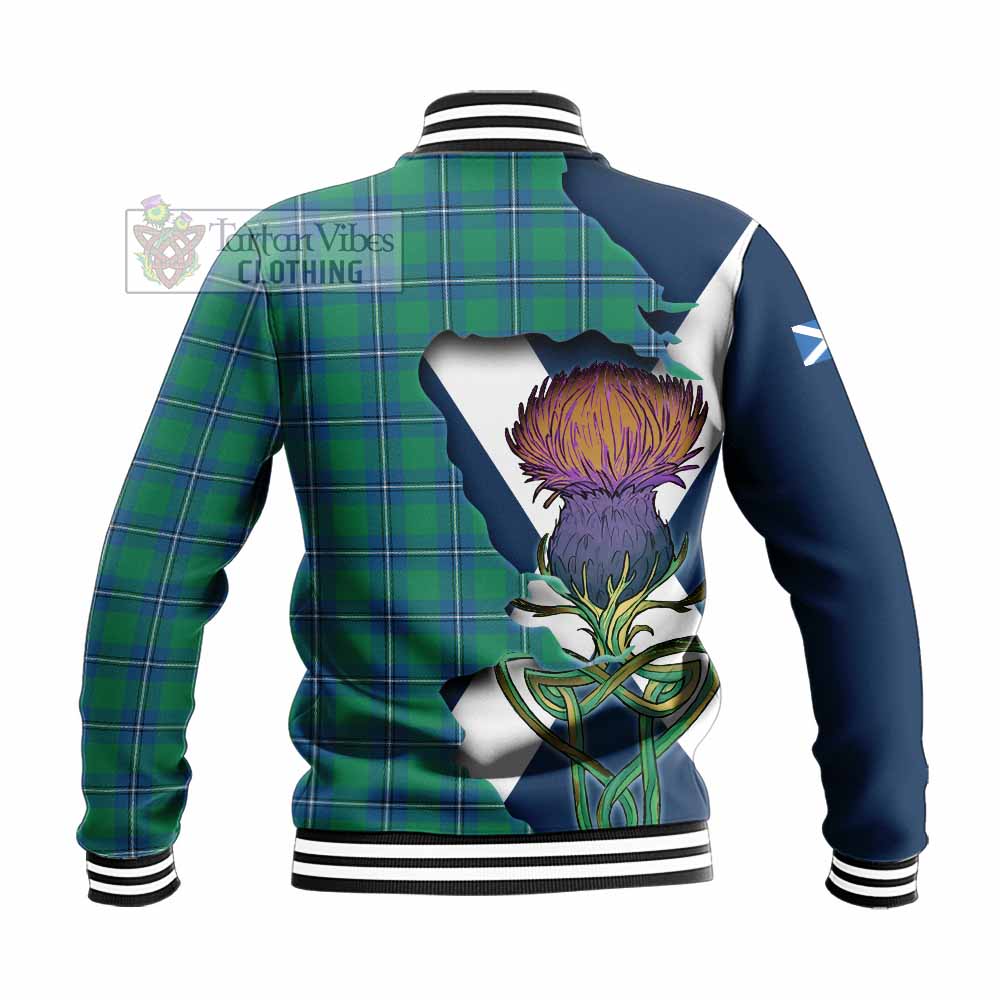 Tartan Vibes Clothing Irvine Tartan Family Crest Baseball Jacket Scottish Thistle Celtic Inspired