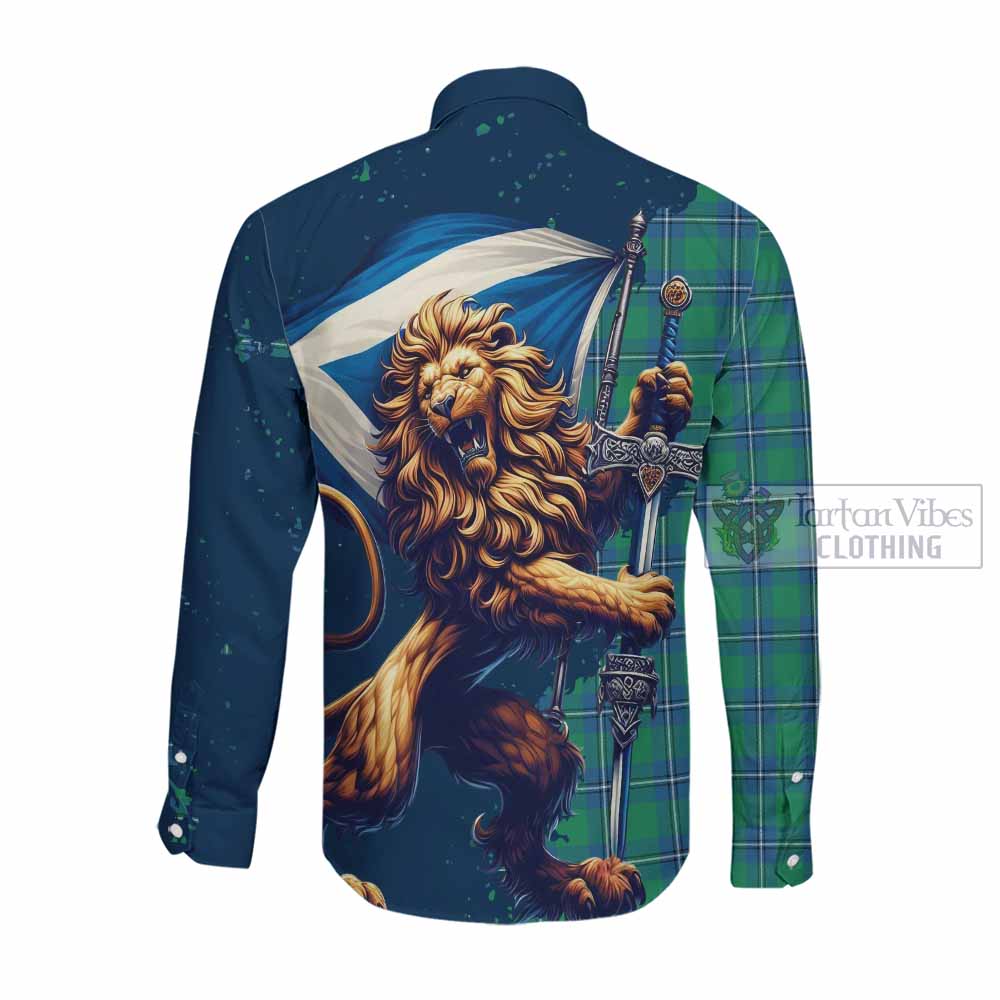 Tartan Vibes Clothing Irvine Tartan Family Crest Long Sleeve Button Shirt with Scottish Majestic Lion