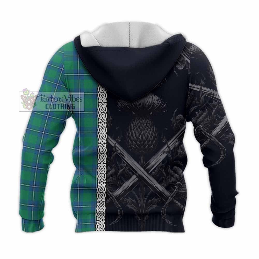 Tartan Vibes Clothing Irvine Tartan Knitted Hoodie with Family Crest Cross Sword Thistle Celtic Vibes