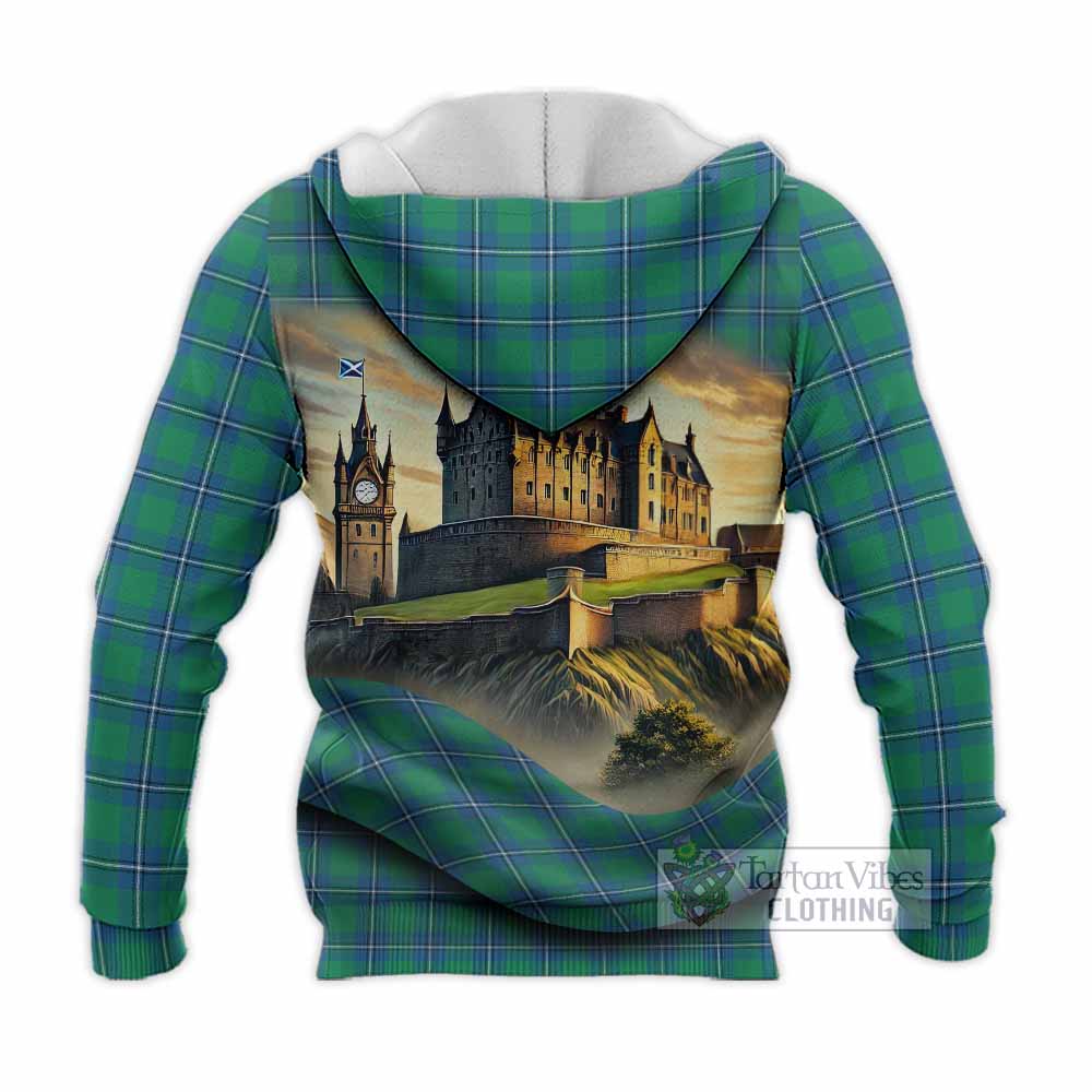 Tartan Vibes Clothing Irvine Tartan Family Crest Knitted Hoodie with Scottish Ancient Castle Style