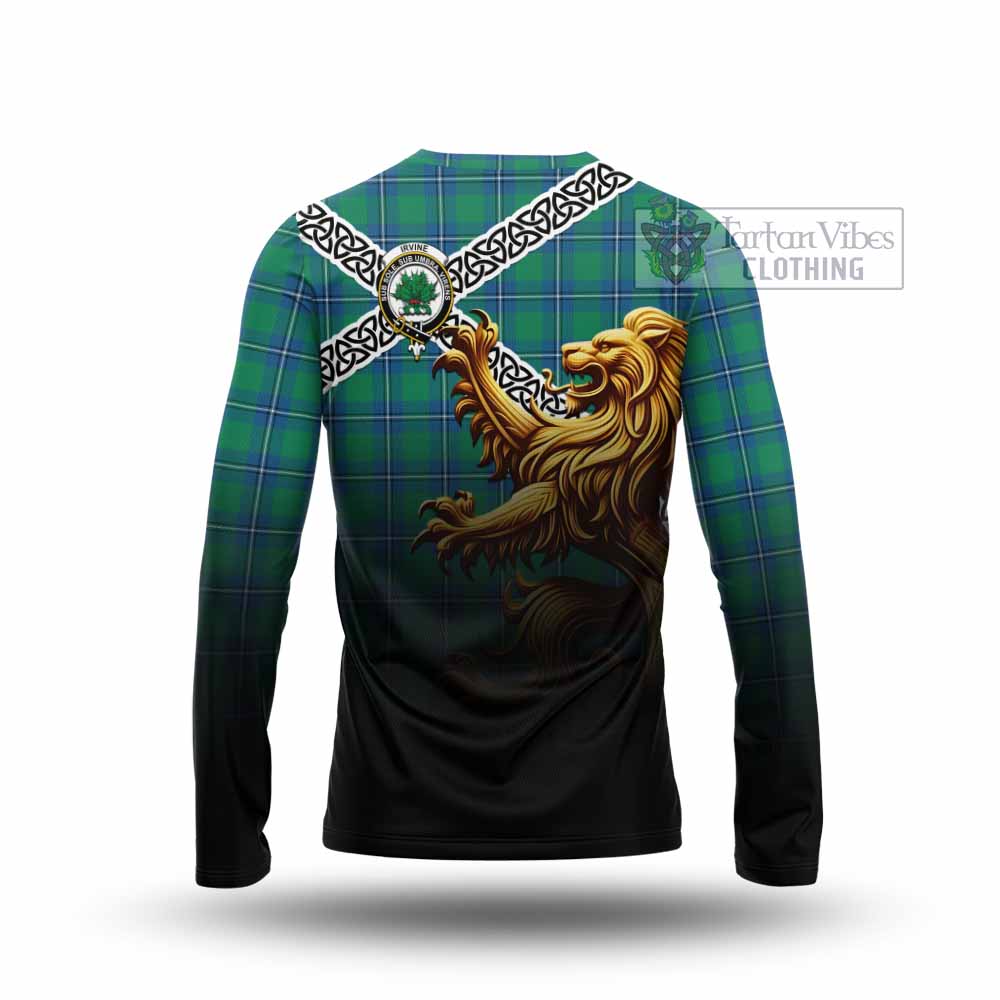 Tartan Vibes Clothing Irvine Crest Tartan Long Sleeve T-Shirt with Golden Lion Emblem Celtic Style