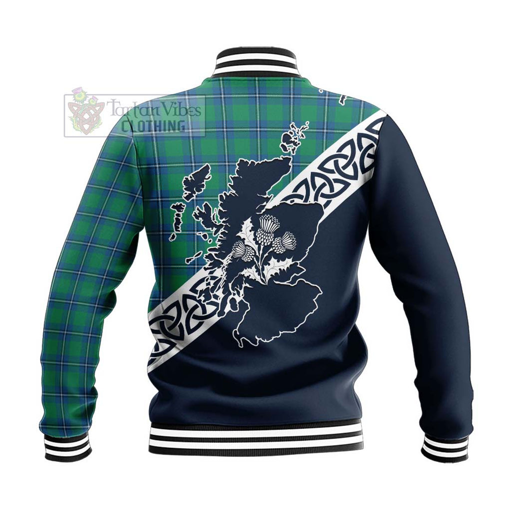 Tartan Vibes Clothing Irvine Tartan Baseball Jacket Featuring Thistle and Scotland Map