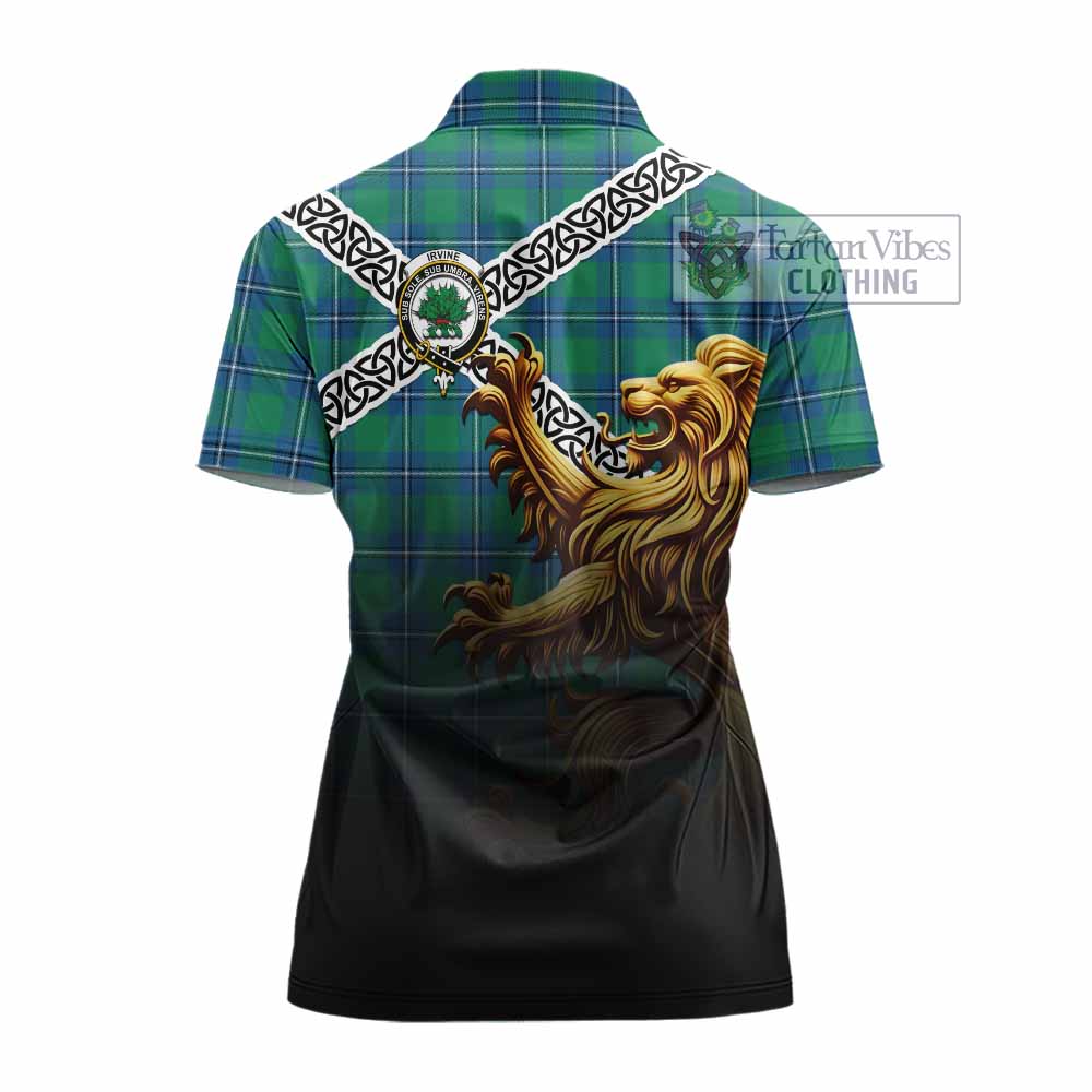 Tartan Vibes Clothing Irvine Crest Tartan Women's Polo Shirt with Golden Lion Emblem Celtic Style