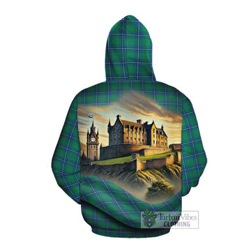 Irvine Tartan Family Crest Cotton Hoodie with Scottish Ancient Castle Style