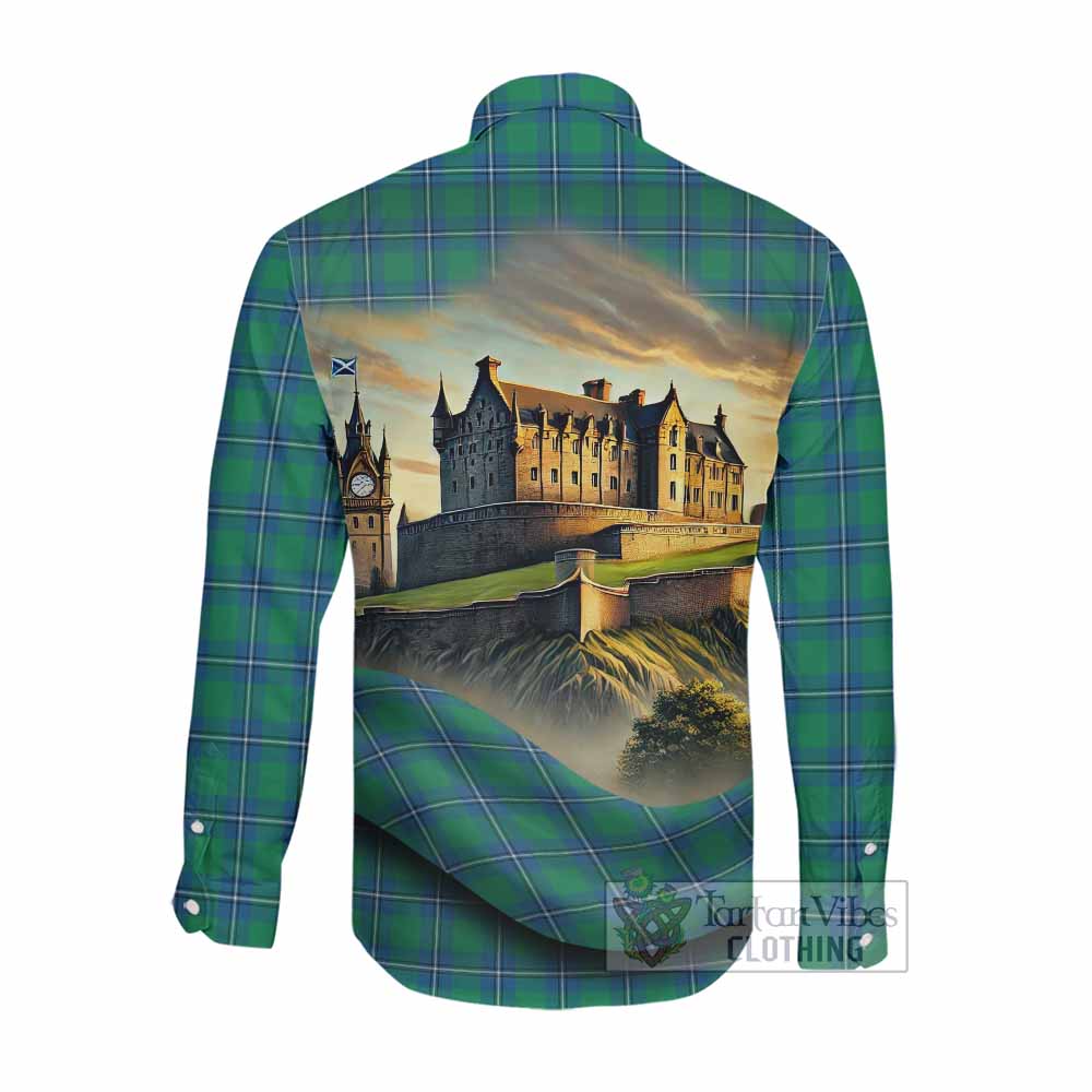 Tartan Vibes Clothing Irvine Tartan Family Crest Long Sleeve Button Shirt with Scottish Ancient Castle Style