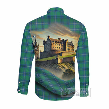 Tartan Vibes Clothing Irvine Tartan Family Crest Long Sleeve Button Shirt with Scottish Ancient Castle Style