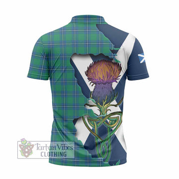 Irvine Tartan Family Crest Zipper Polo Shirt Scottish Thistle Celtic Inspired