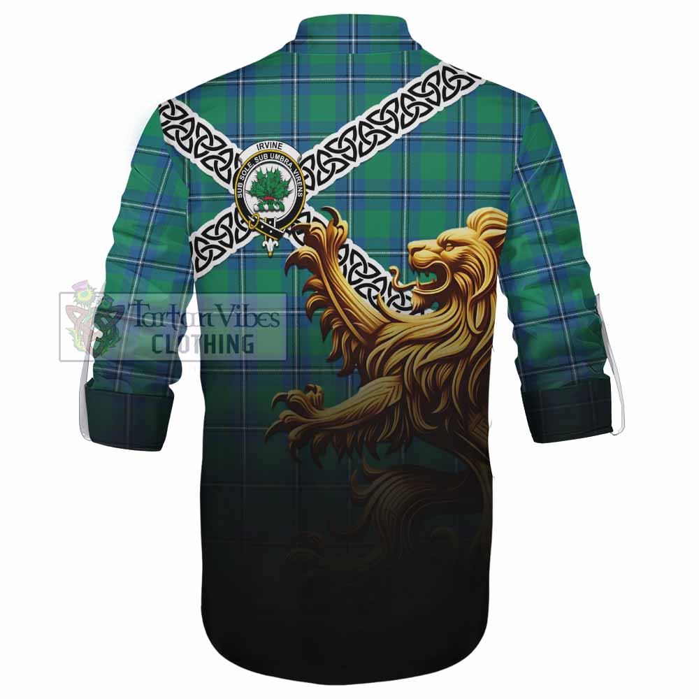 Tartan Vibes Clothing Irvine Crest Tartan Ghillie Kilt Shirt with Golden Lion Emblem Celtic Style