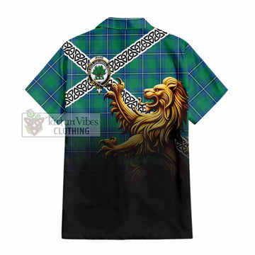 Irvine Crest Tartan Hawaiian Shirt with Golden Lion Emblem Celtic Style