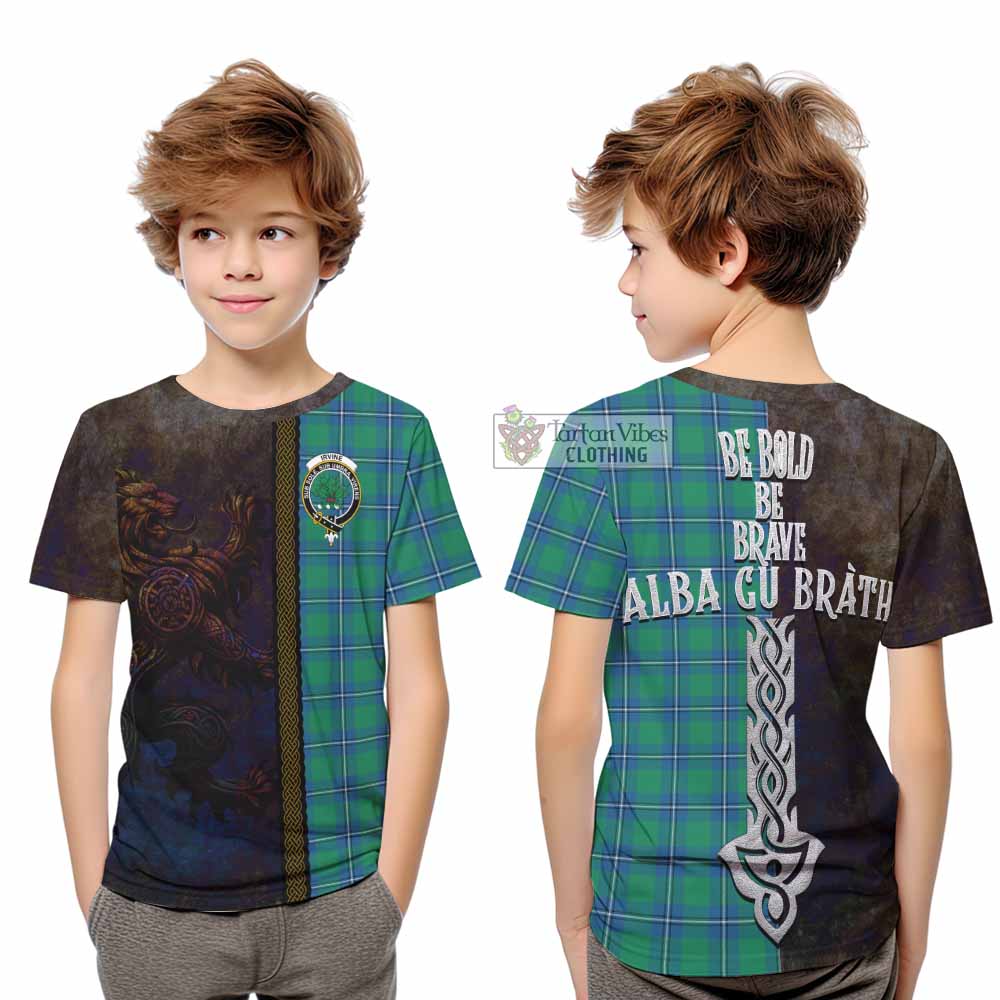 Tartan Vibes Clothing Irvine Tartan Family Crest Kid T-Shirt Alba Gu Brath Be Brave Lion Ancient Style