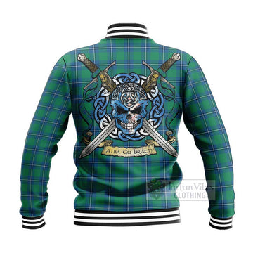 Irvine Tartan Baseball Jacket with Family Crest Celtic Skull Style