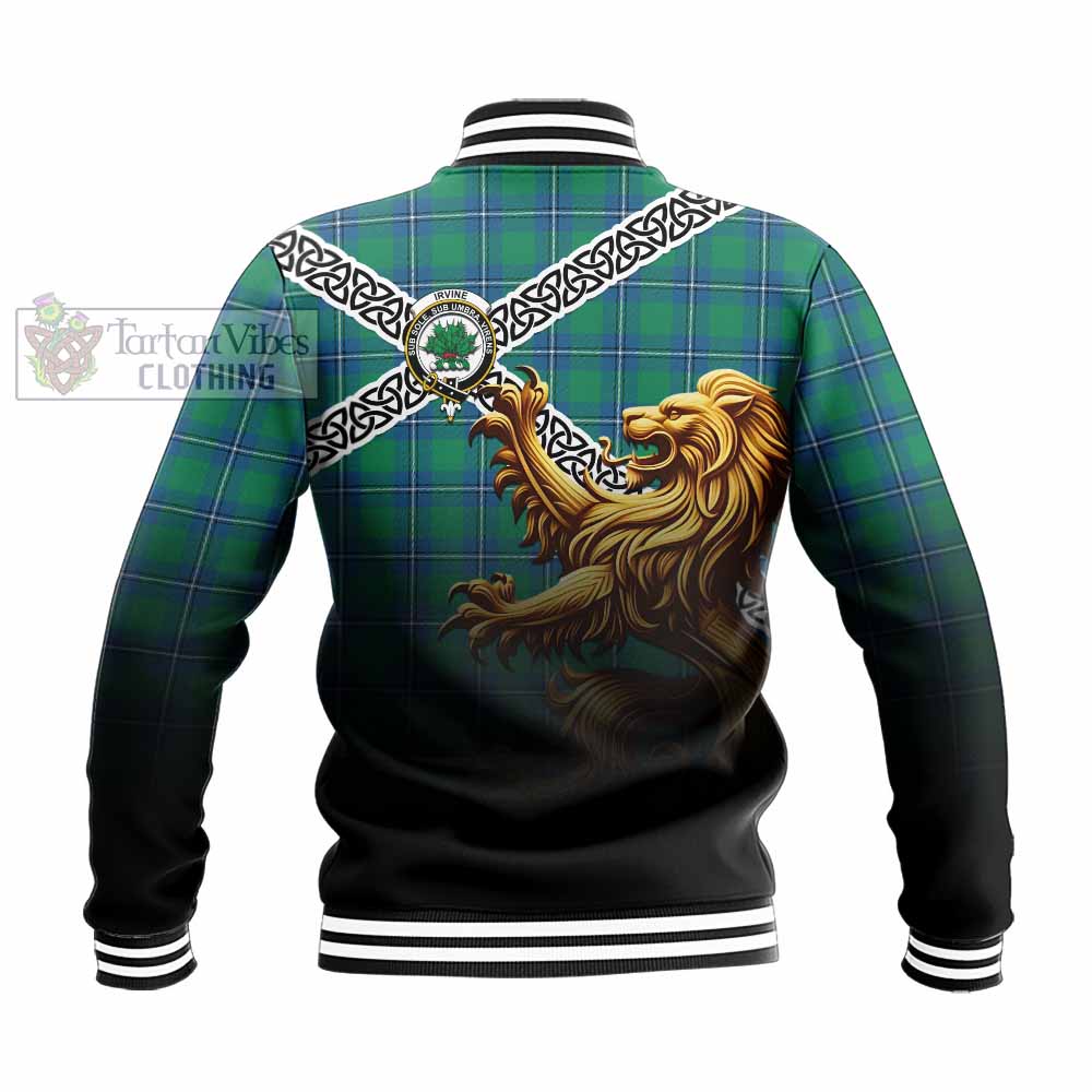 Tartan Vibes Clothing Irvine Crest Tartan Baseball Jacket with Golden Lion Emblem Celtic Style