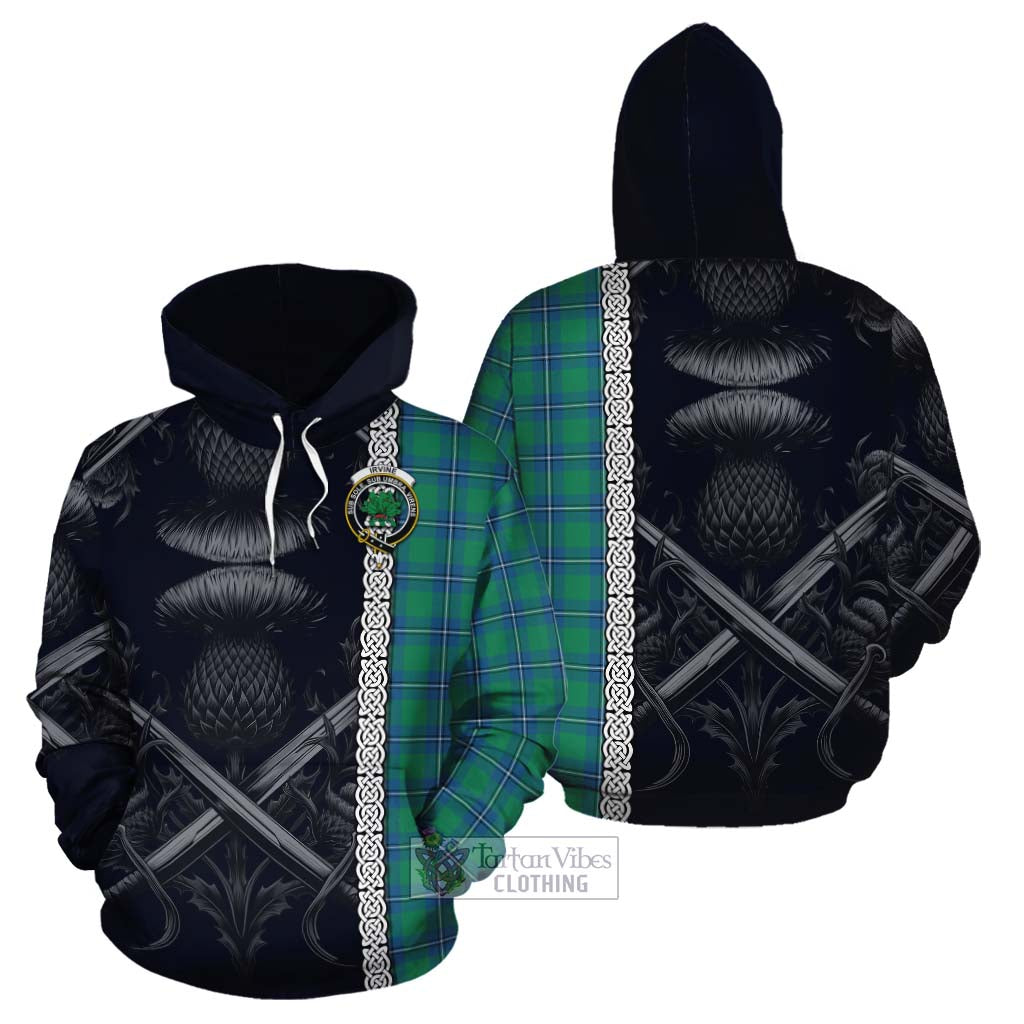 Tartan Vibes Clothing Irvine Tartan Cotton Hoodie with Family Crest Cross Sword Thistle Celtic Vibes