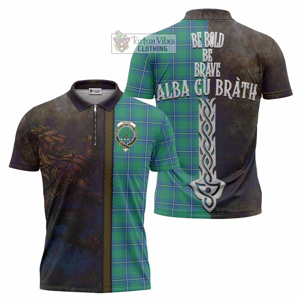 Tartan Vibes Clothing Irvine Tartan Family Crest Zipper Polo Shirt Alba Gu Brath Be Brave Lion Ancient Style