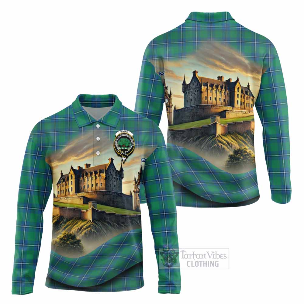 Tartan Vibes Clothing Irvine Tartan Family Crest Long Sleeve Polo Shirt with Scottish Ancient Castle Style