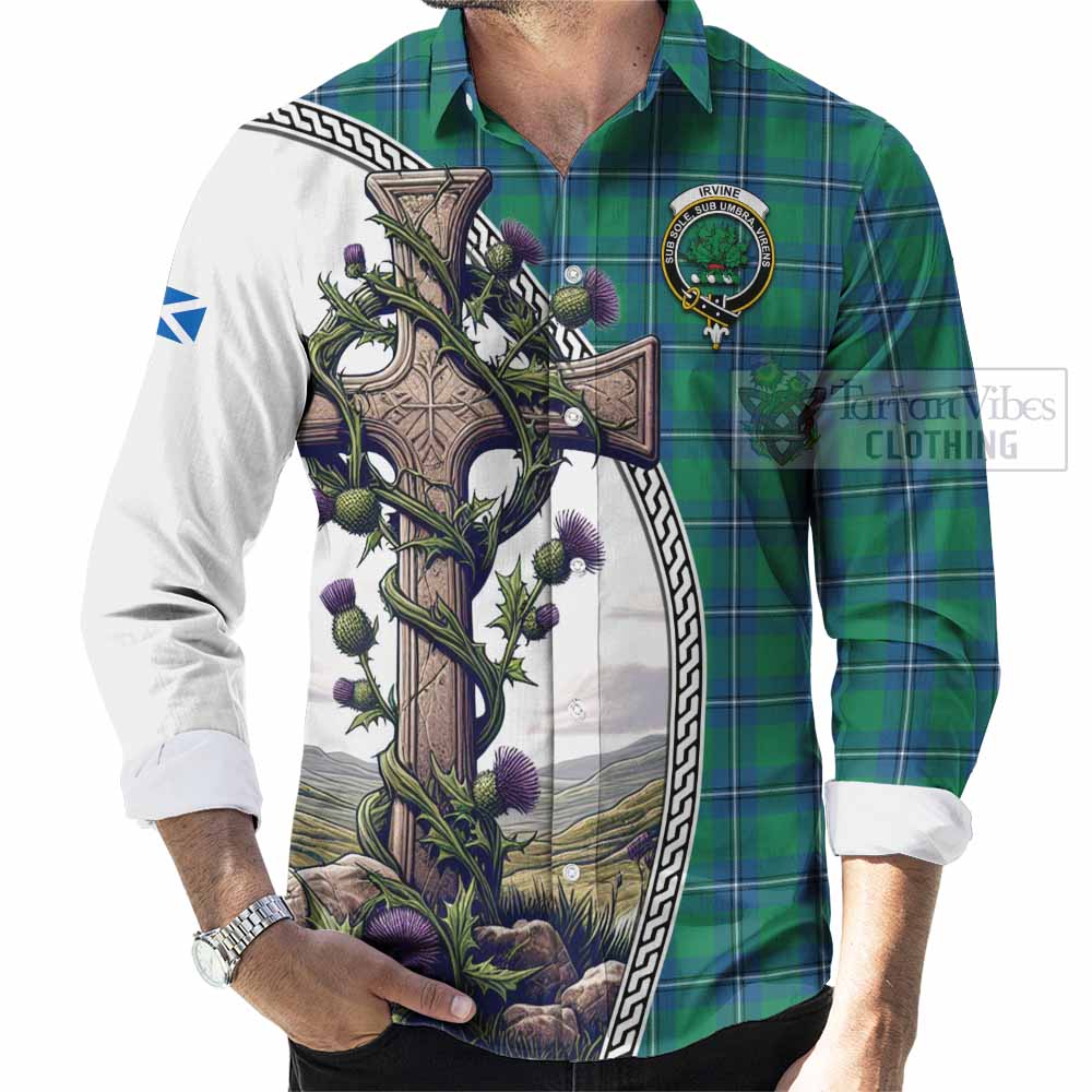 Tartan Vibes Clothing Irvine Tartan Long Sleeve Button Shirt with Family Crest and St. Andrew's Cross Accented by Thistle Vines