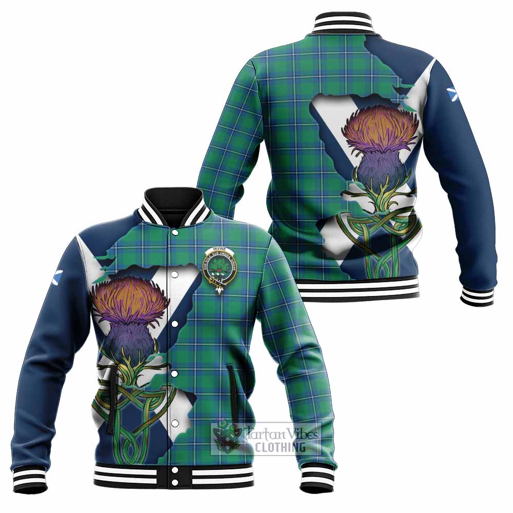 Tartan Vibes Clothing Irvine Tartan Family Crest Baseball Jacket Scottish Thistle Celtic Inspired