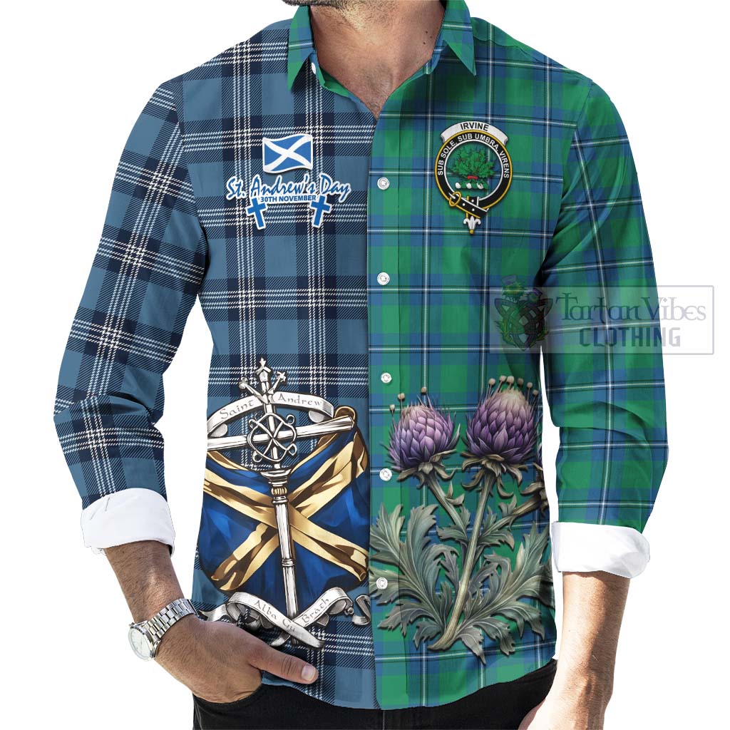 Tartan Vibes Clothing Irvine Tartan Long Sleeve Button Shirt Happy St. Andrew's Day Half Tartan Style